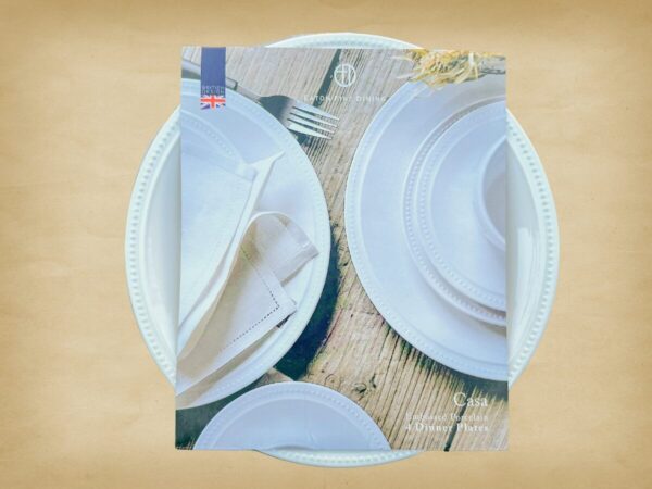 Overhead view of a pack of four Eaton Fine Dining Casa Dinner Plates