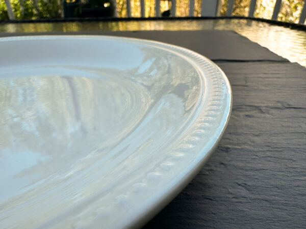 Casa pattern dinnerplate resting on slate, showing the raised dot pattern on the rim