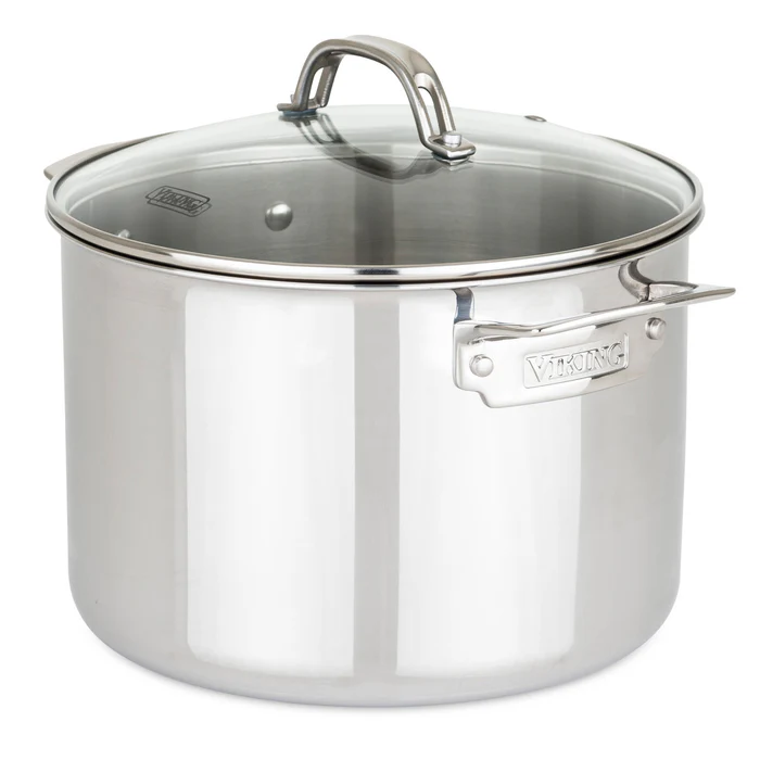 8 quart stainless steel Viking brand stock pot with glass lid on a white background.